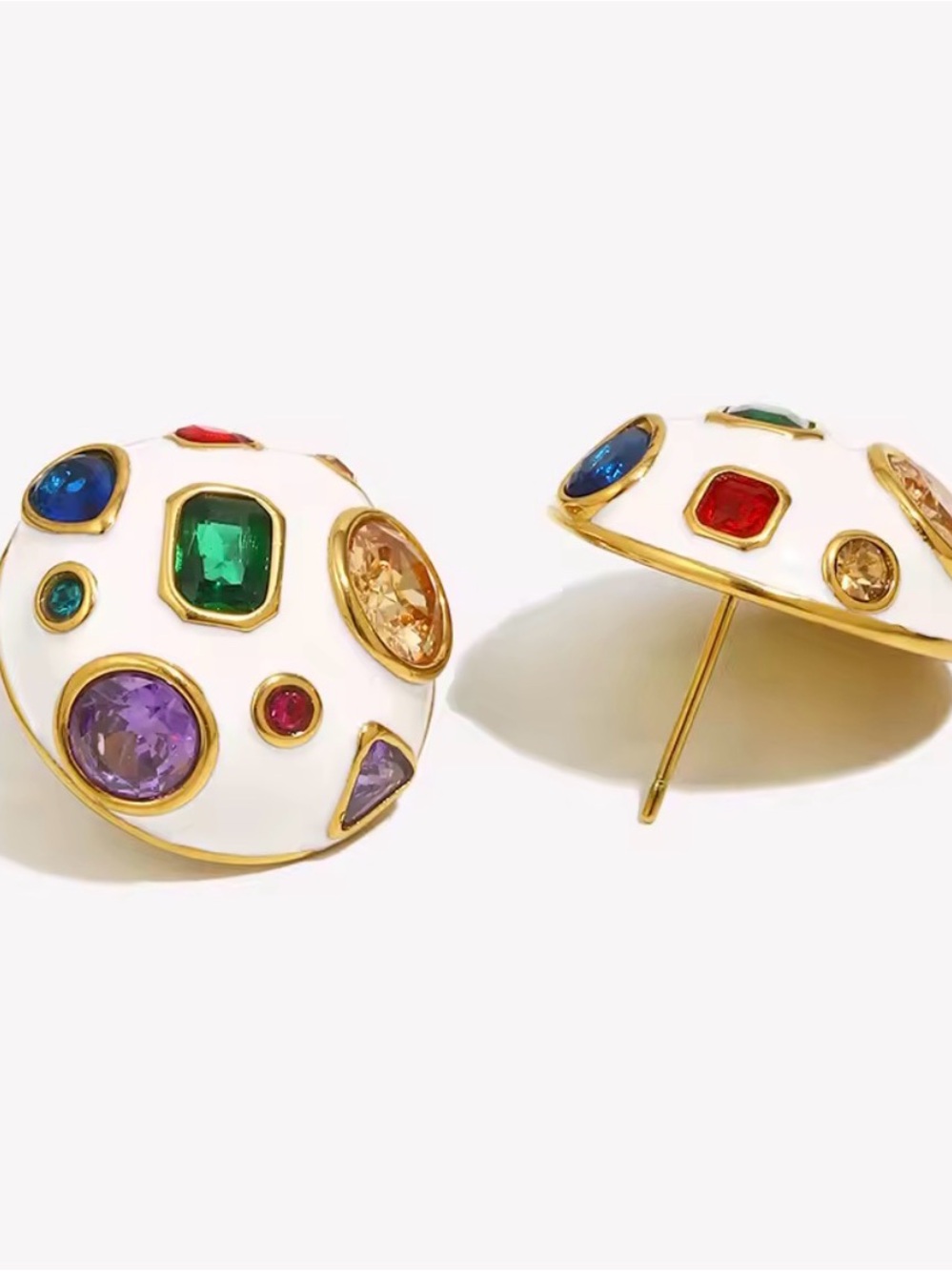 White Multicolor Gem Dome Stud Earrings